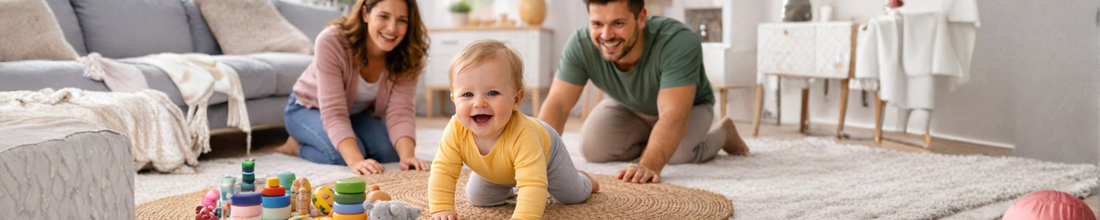Baby learning to walk safely at home with parent supervision