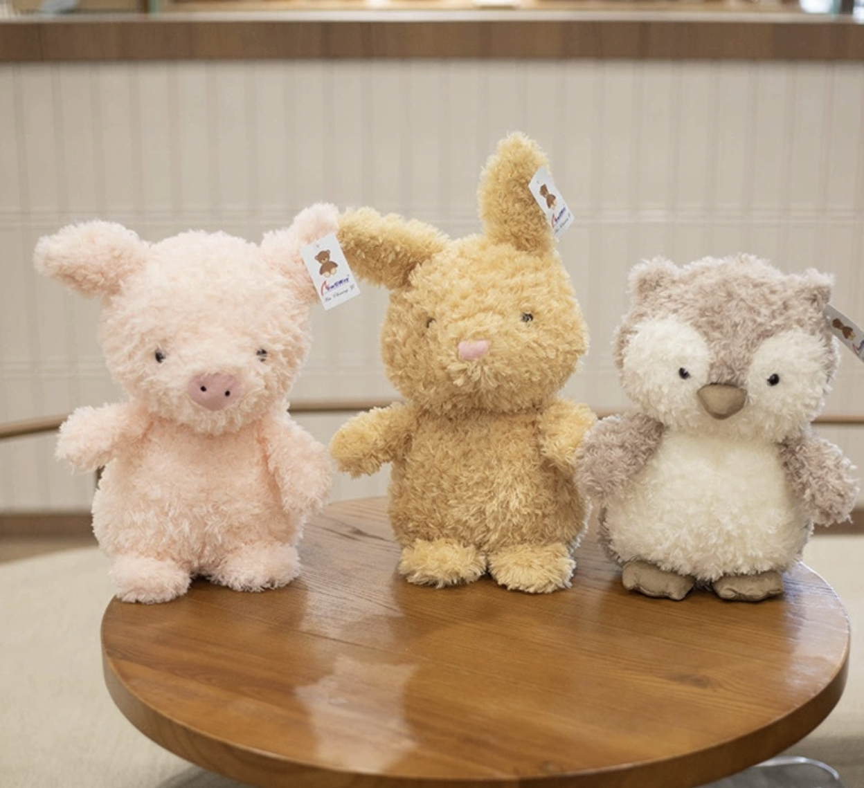 Stuffed annimal plushies, pig, rabbit, owl
